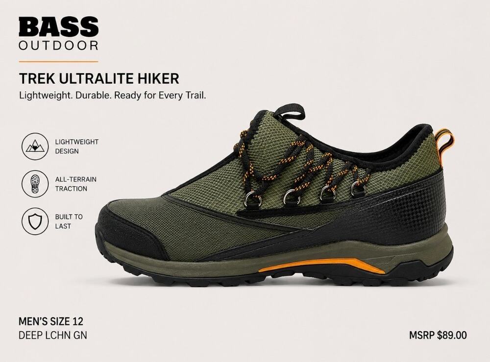 Bass Ourdoor Trek Ultralite Hiker Men's Green Trail Hiking Shoes Size 12